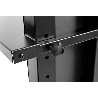Nahaufnahme eines schwarzen, höhenverstellbaren Metallständers mit einem Drehknopf zur Höhenverstellung. Hauptsächlich funktionales Design.