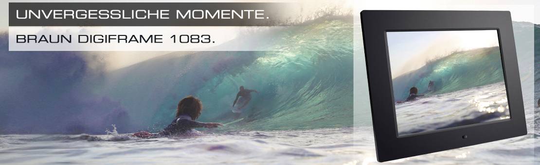 'Unvergessliche Momente. Braun Digiframe 1083.' Ein Surfer in einer großen Welle, daneben ein digitaler Bilderrahmen mit demselben Bild.