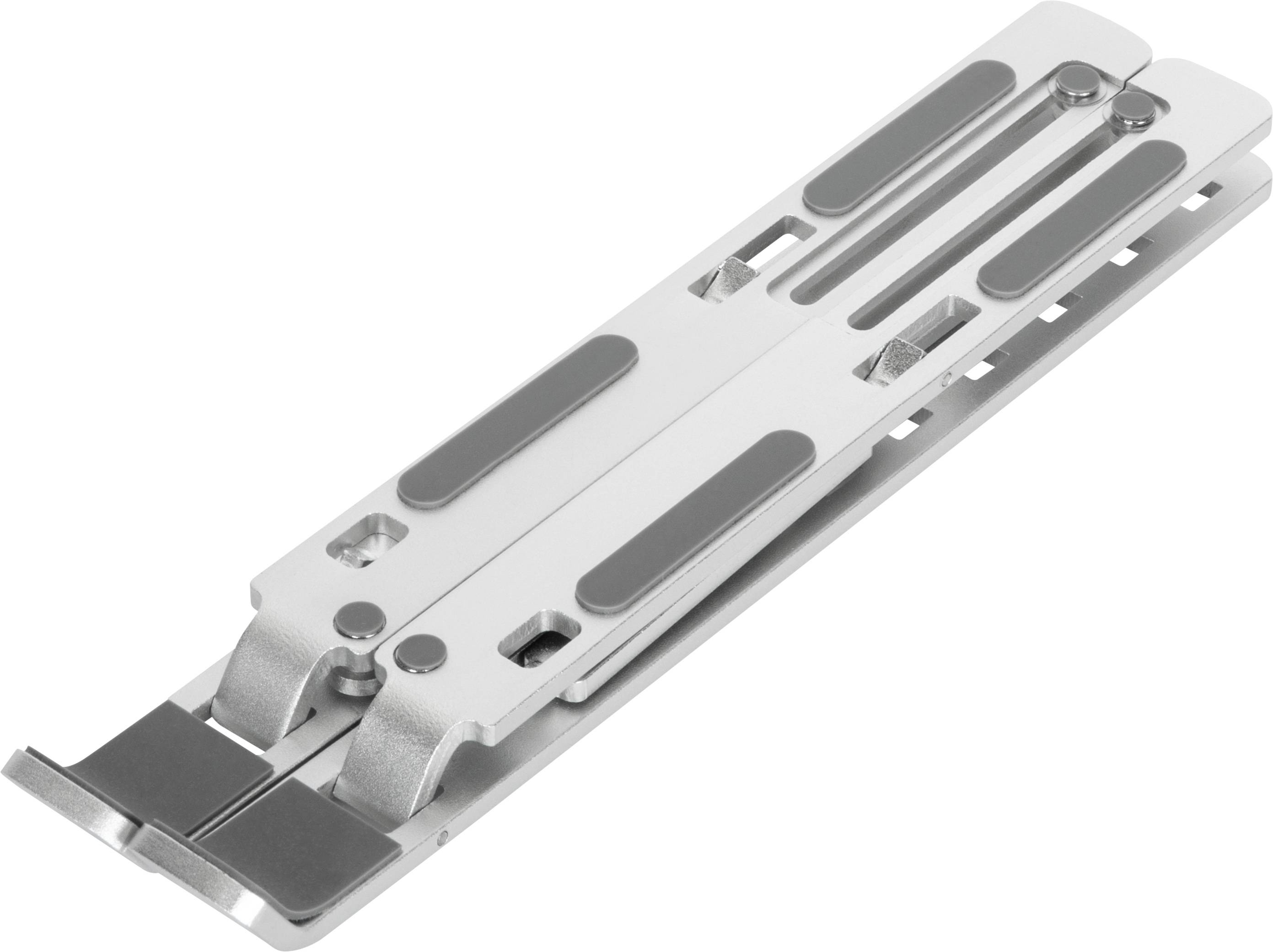 Metallener Laptop-Ständer in zusammengeklapptem Zustand mit grauen Gummieinsätzen für Stabilität und Kratzschutz.