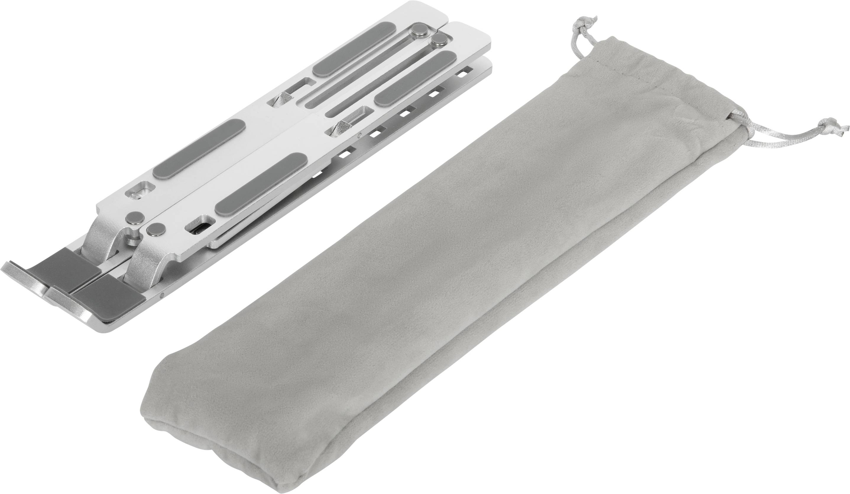 Zusammenklappbarer Laptop-Ständer aus silbernem Metall, neben einem grauen Aufbewahrungsbeutel.