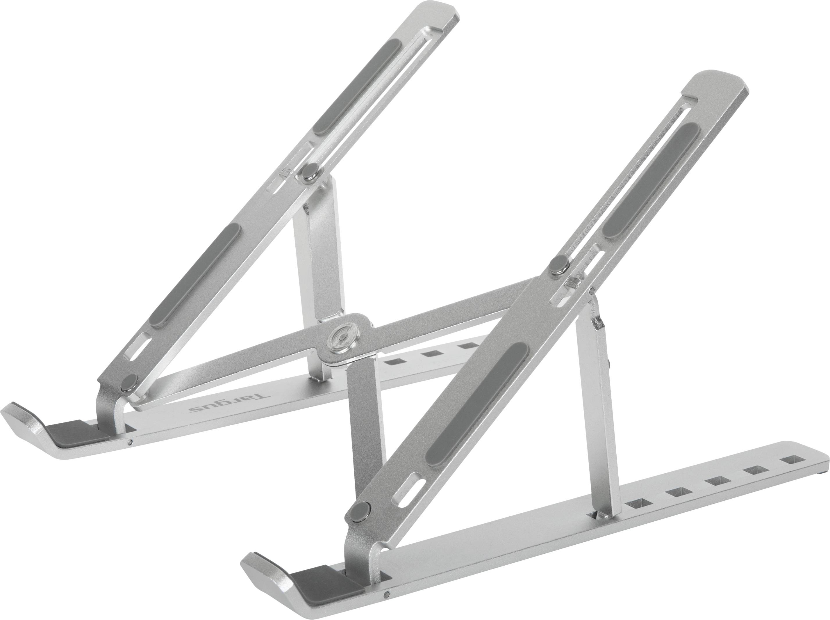 Ein zusammenklappbarer, silberner Laptop-Ständer aus Metall mit verstellbaren Winkeln und rutschfesten Silikonpads an den Armen.