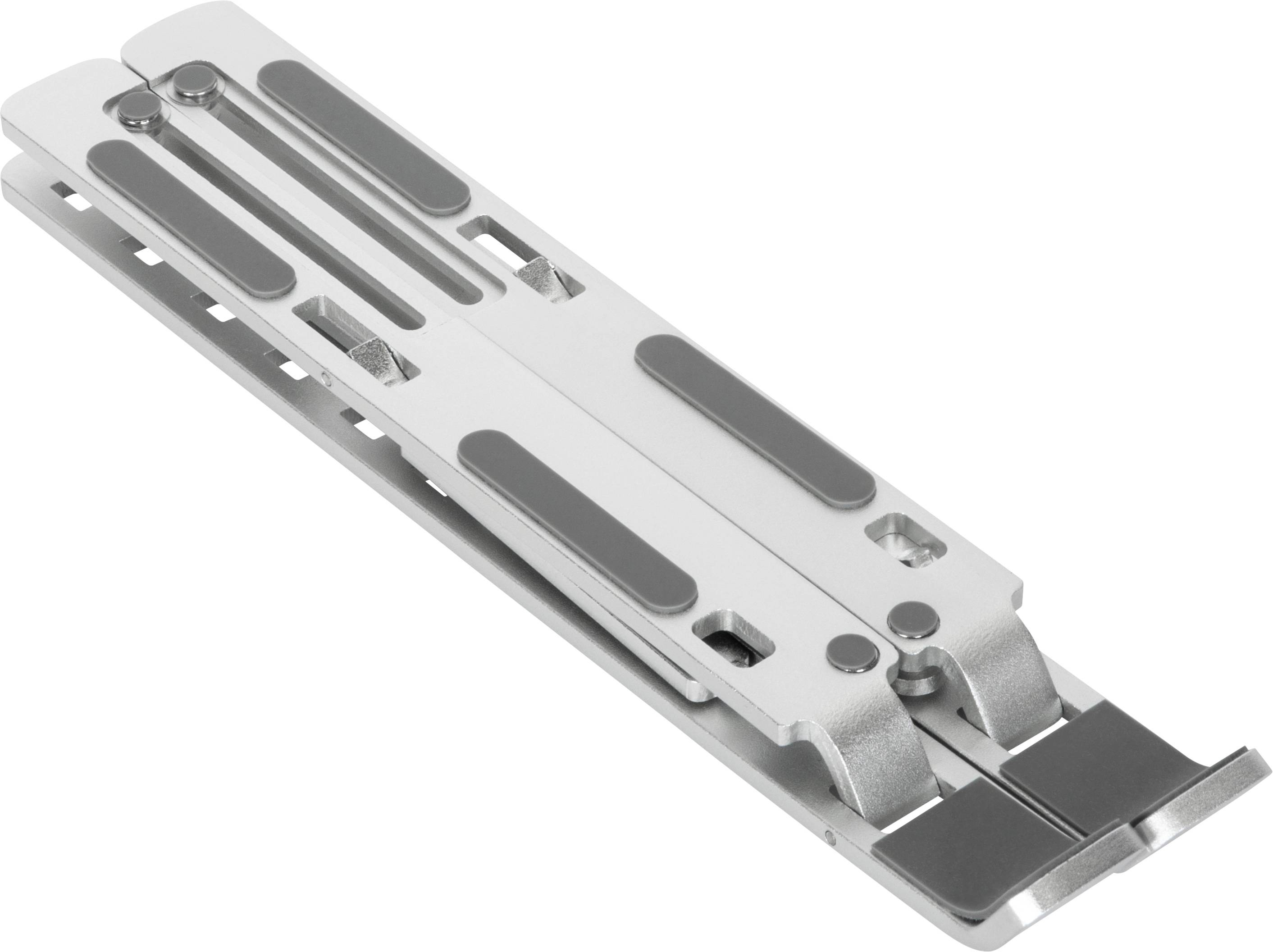 Ein faltbarer silberner Laptopständer mit grauen Gummipolstern für Stabilität und Kratzschutz, im zusammengeklappten Zustand.