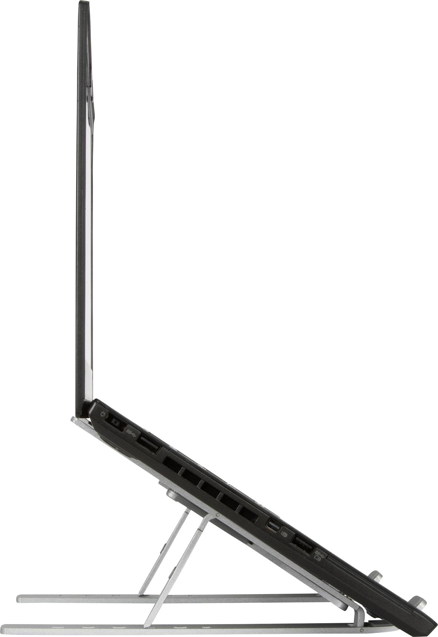 Laptop von der Seite in aufgestellter Position auf einem Ständer. Bildschirm ist hochgeklappt, Tastatur nach unten gerichtet.