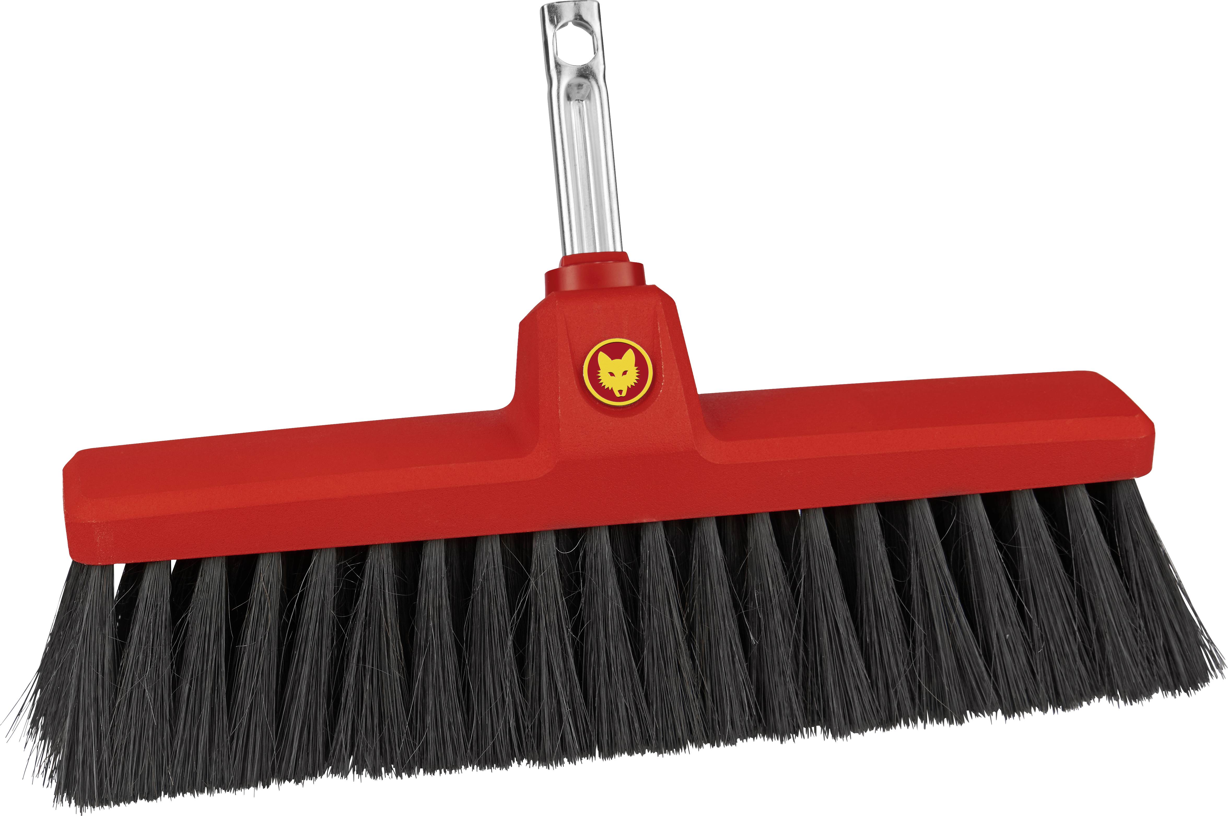 Roter Besen mit schwarzen Borsten, geeignet für Innen- und Außenreinigung, erkennbar an einem gelben Logo oben auf dem Besenkopf.