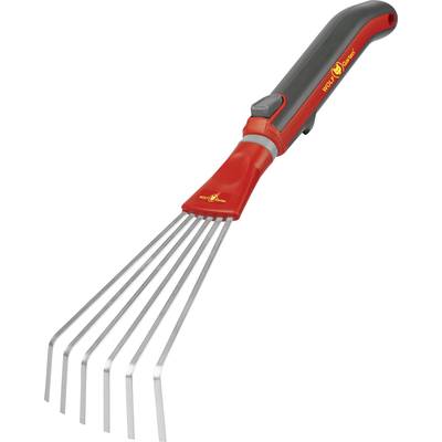 Handrechen mit rotem und schwarzem Griff und sechs silbernen Zinken. Ideal zum Harken kleiner Flächen im Garten.
