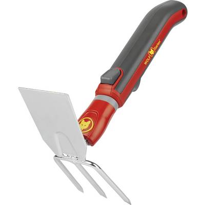 Handhacke mit rotem und grauem Griff, Metallklinge mit drei Zinken. Gartenwerkzeug von Wolf-Garten für Unkrautentfernung und Bodenkultivierung.