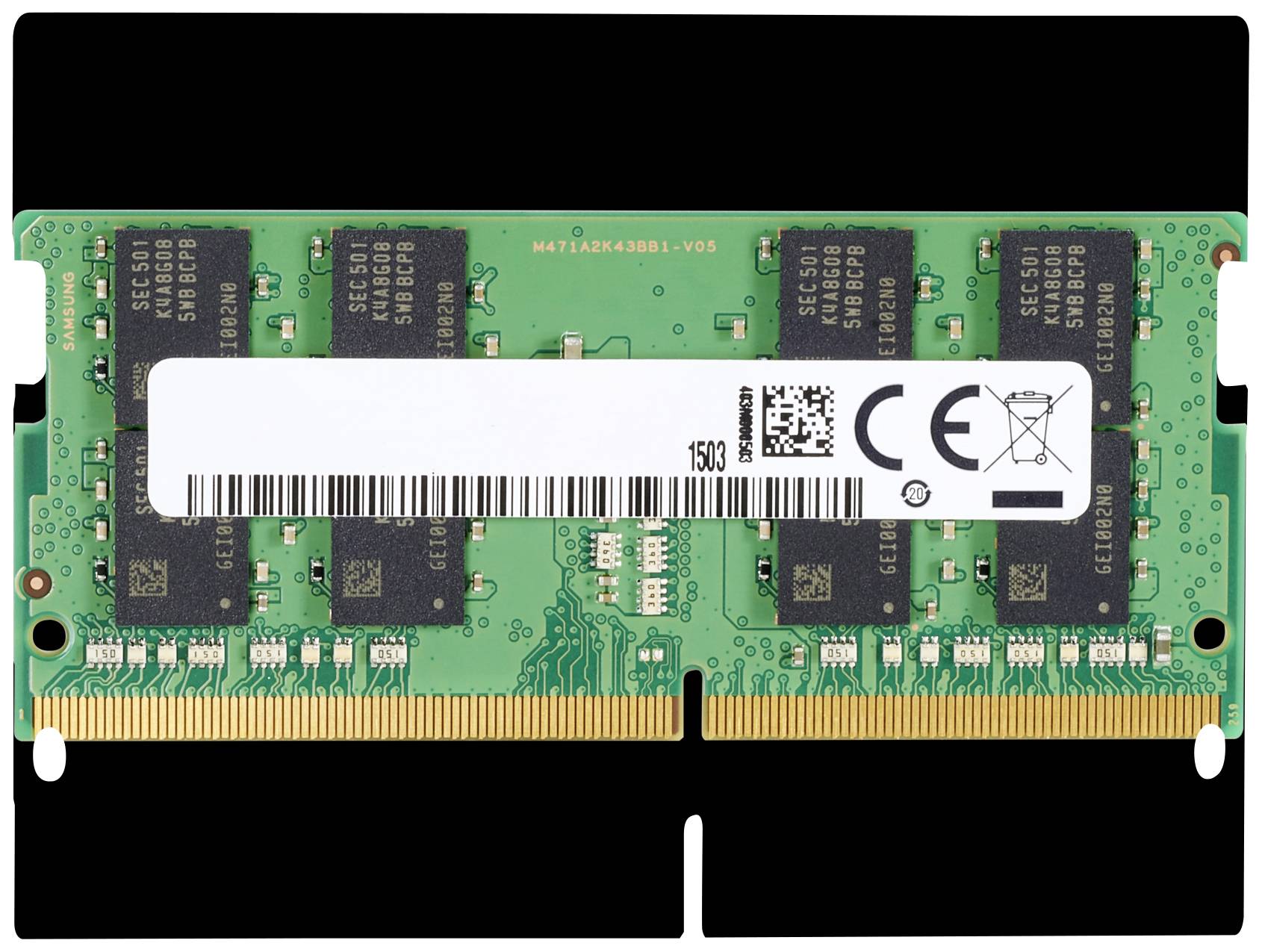 'Ein grüner RAM-Modul mit mehreren schwarzen Speicherchips und goldenen Kontaktleisten. CE-Zeichen und andere Details sind sichtbar.'