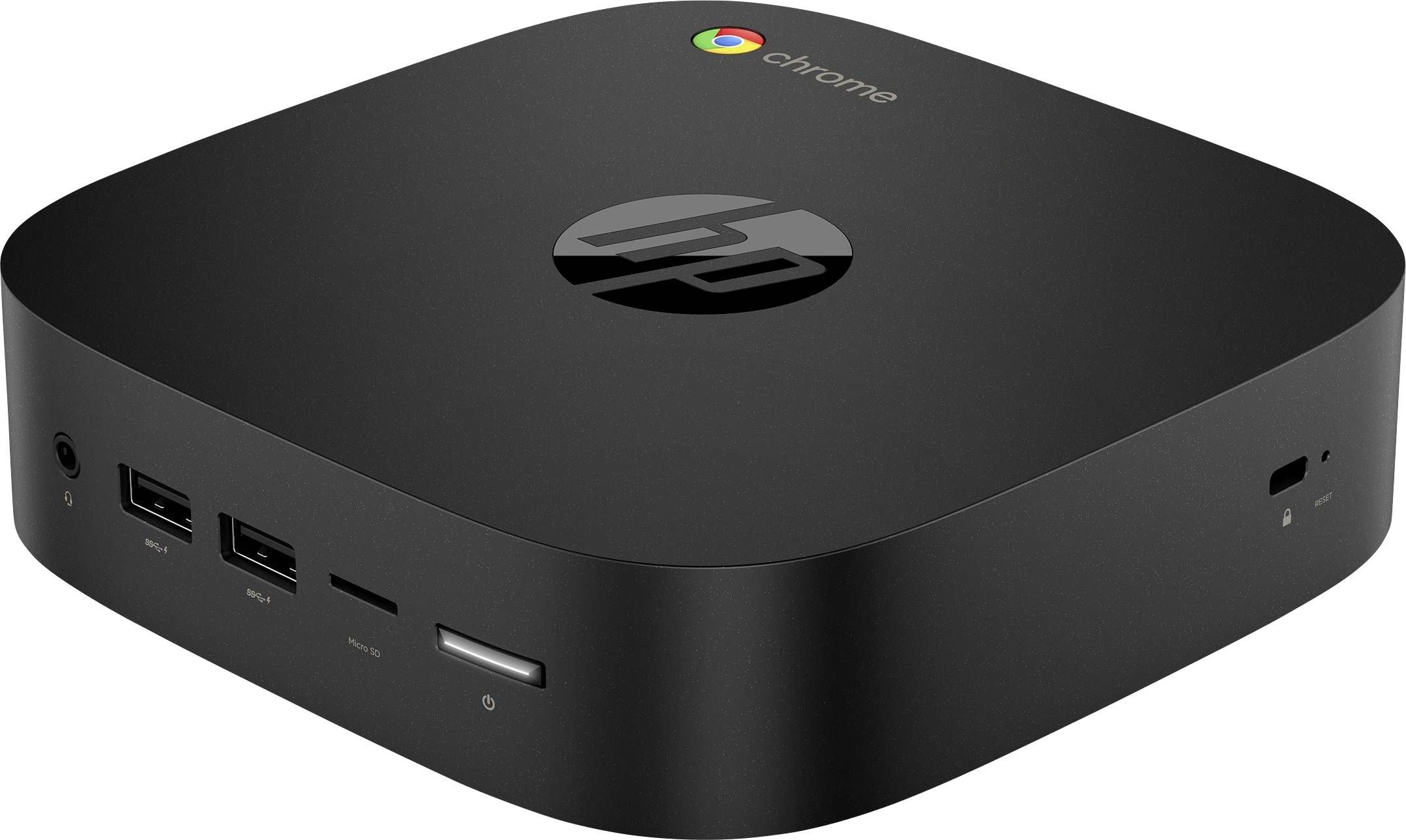 Ein kleiner, schwarzer HP Chrome Mini-Computer mit abgerundeten Ecken und mehreren Anschlüssen an der Vorderseite.
