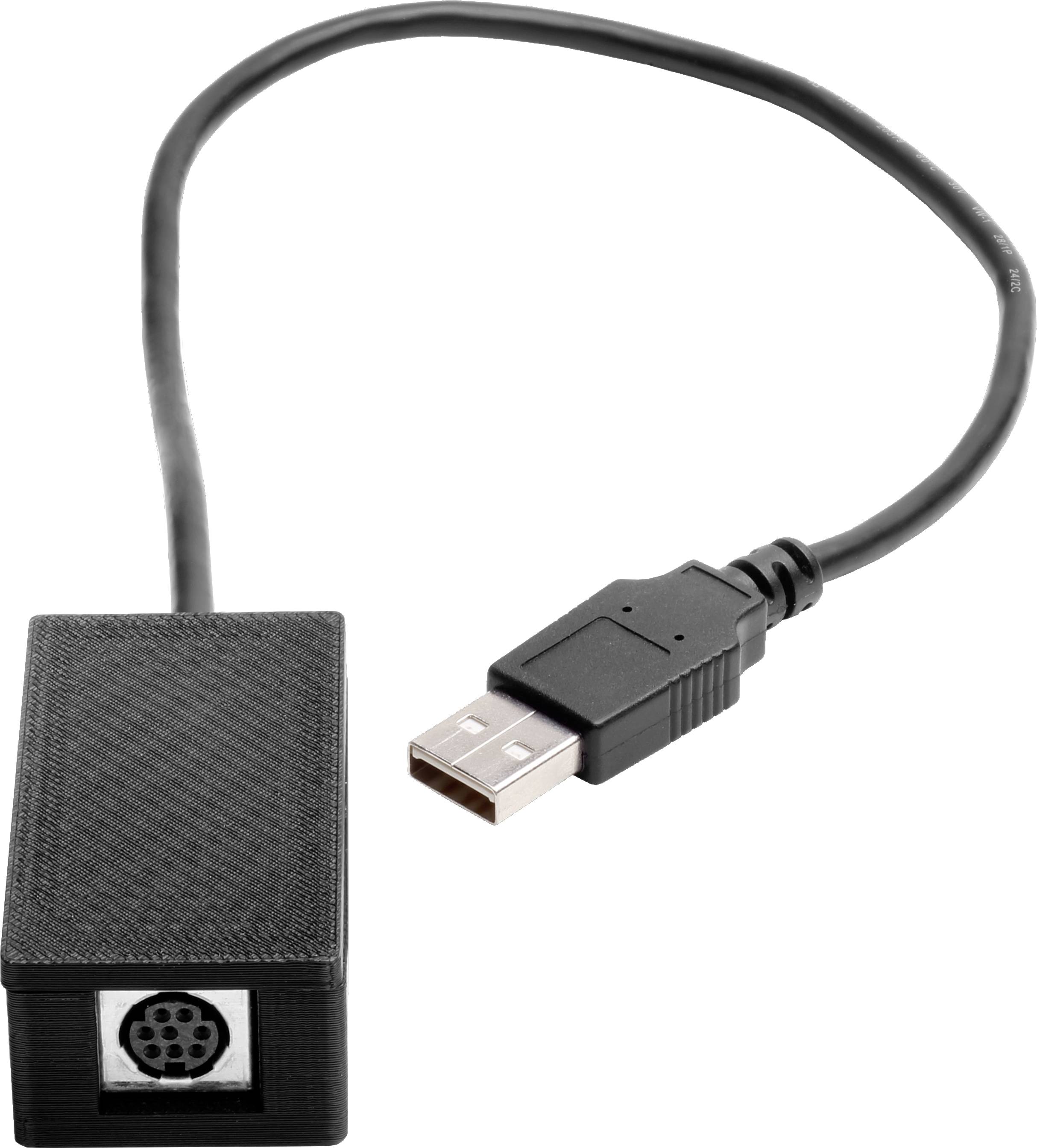 Schwarzer USB-zu-RJ-Kabeladapter mit rechteckigem Gehäuse und runder Buchse.