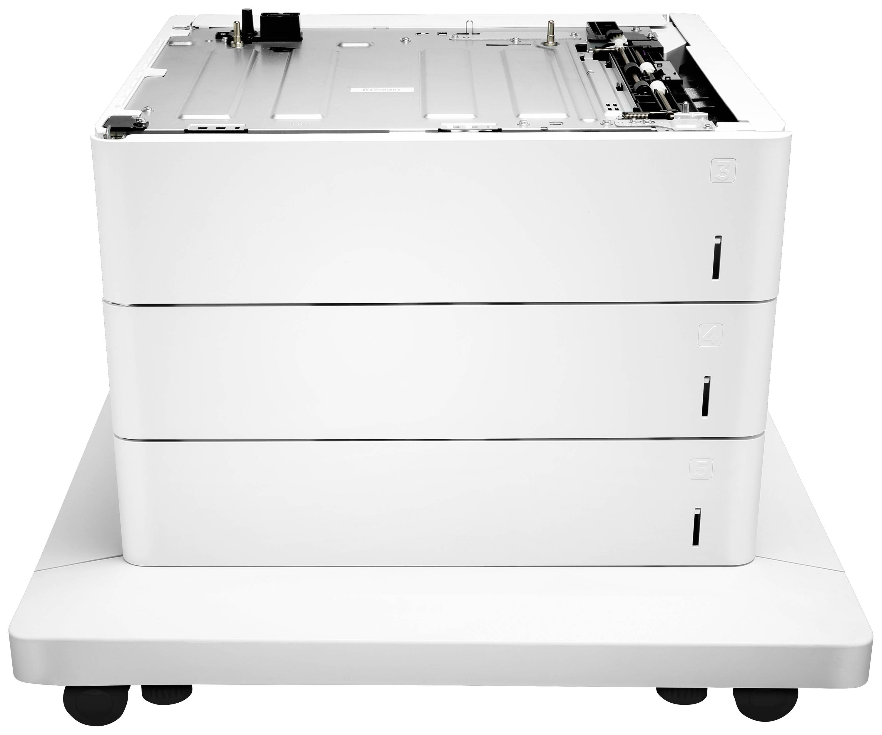 Ein weißer Drucker mit zwei zusätzlichen Papierfächern steht auf einer Plattform. Der Drucker ist bereit für den Bürogebrauch.
