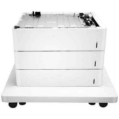 Ein weißer Drucker mit zwei zusätzlichen Papierfächern steht auf einer Plattform. Der Drucker ist bereit für den Bürogebrauch.