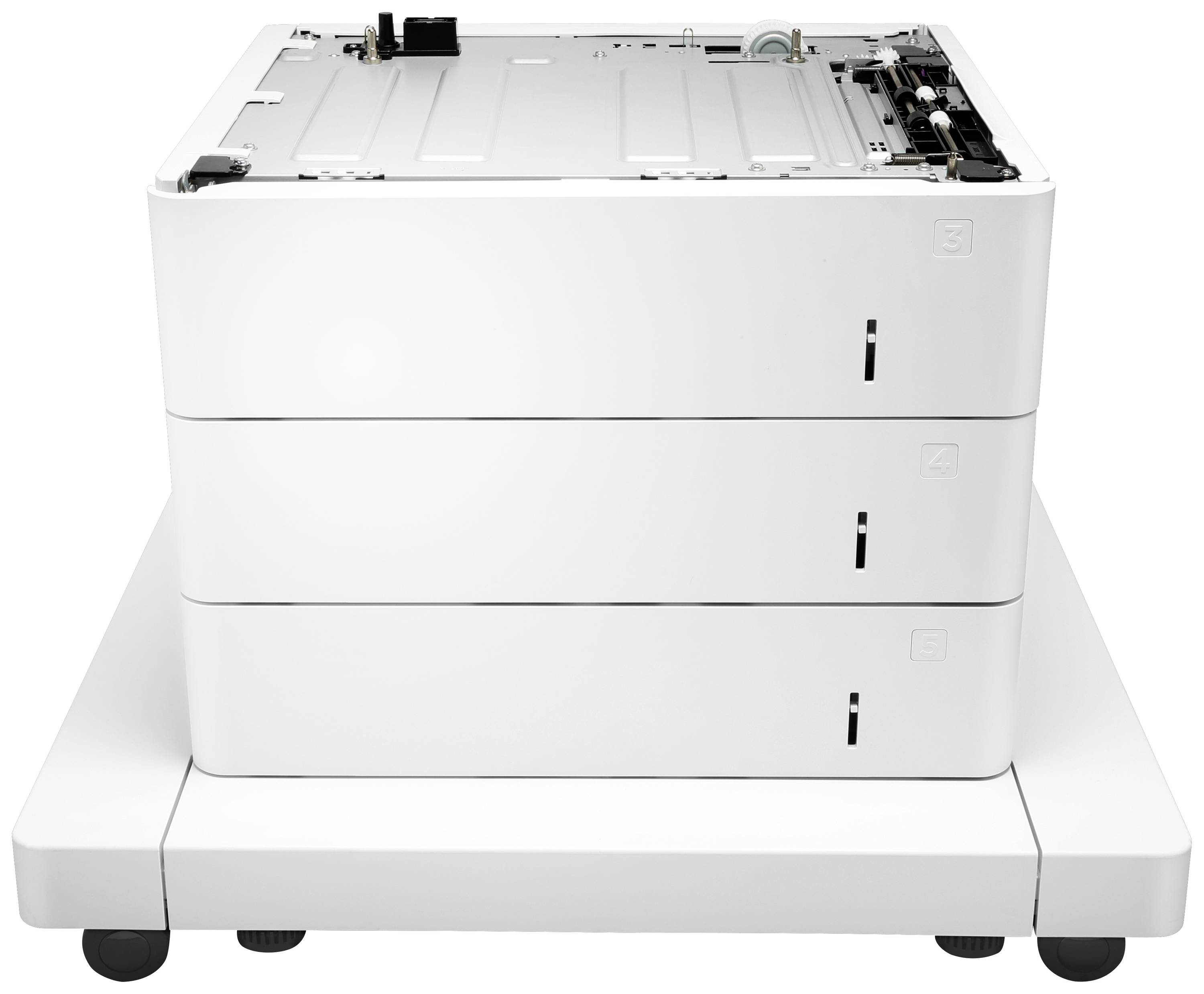 Ein dreischichtiger Laserdrucker mit offenem Papierfach auf leichtem Sockel. Geeignet für hohe Druckvolumen in Büroumgebungen.