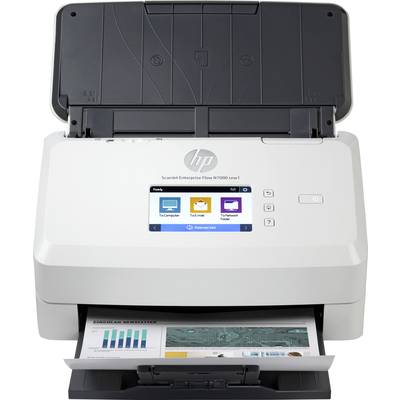 Ein Scanner mit offenem Dokumenteneinzug und einem Bedienfeld mit Display, zeigt ein eingescanntes Dokument mit Diagrammen und Text.