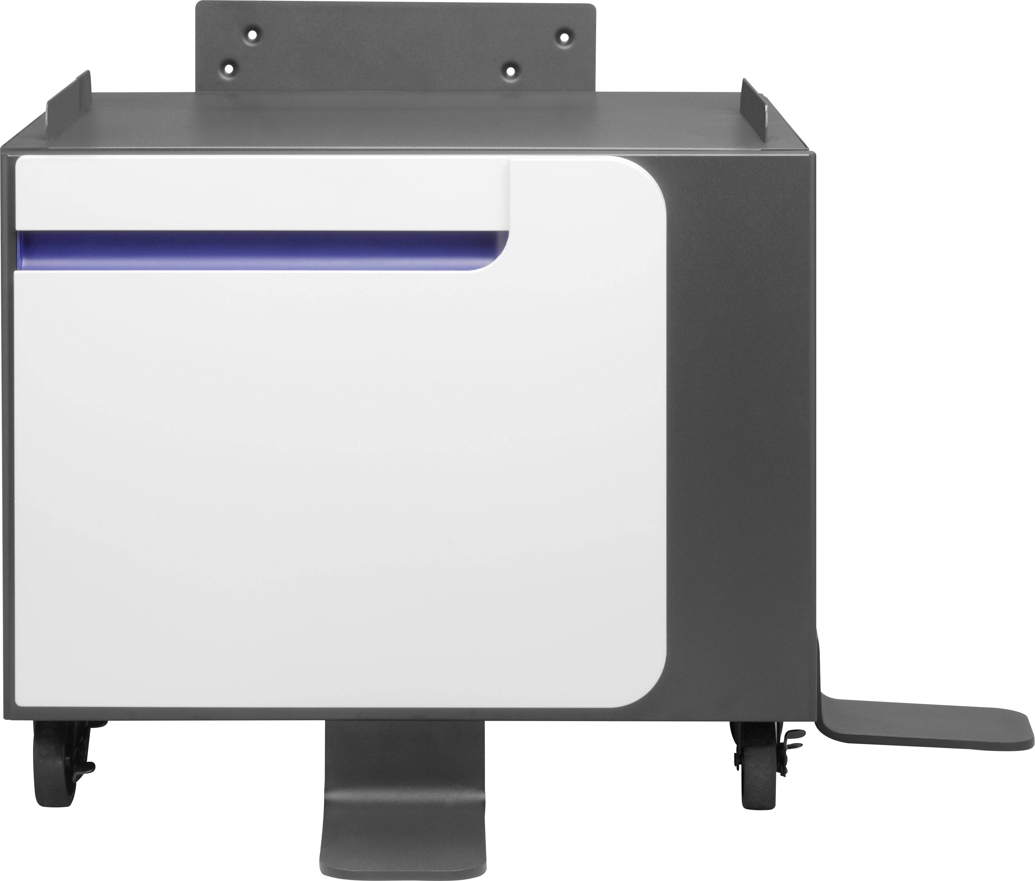 Grauer und weißer quadratischer Drucker auf Rollen mit blauem Lichtelement, daneben ein Pedal.