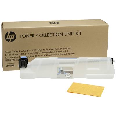 'HP Toner Collection Unit Kit CE980A' mit Plastikbehälter und Reinigungsgewebe vor einer Kartonverpackung.