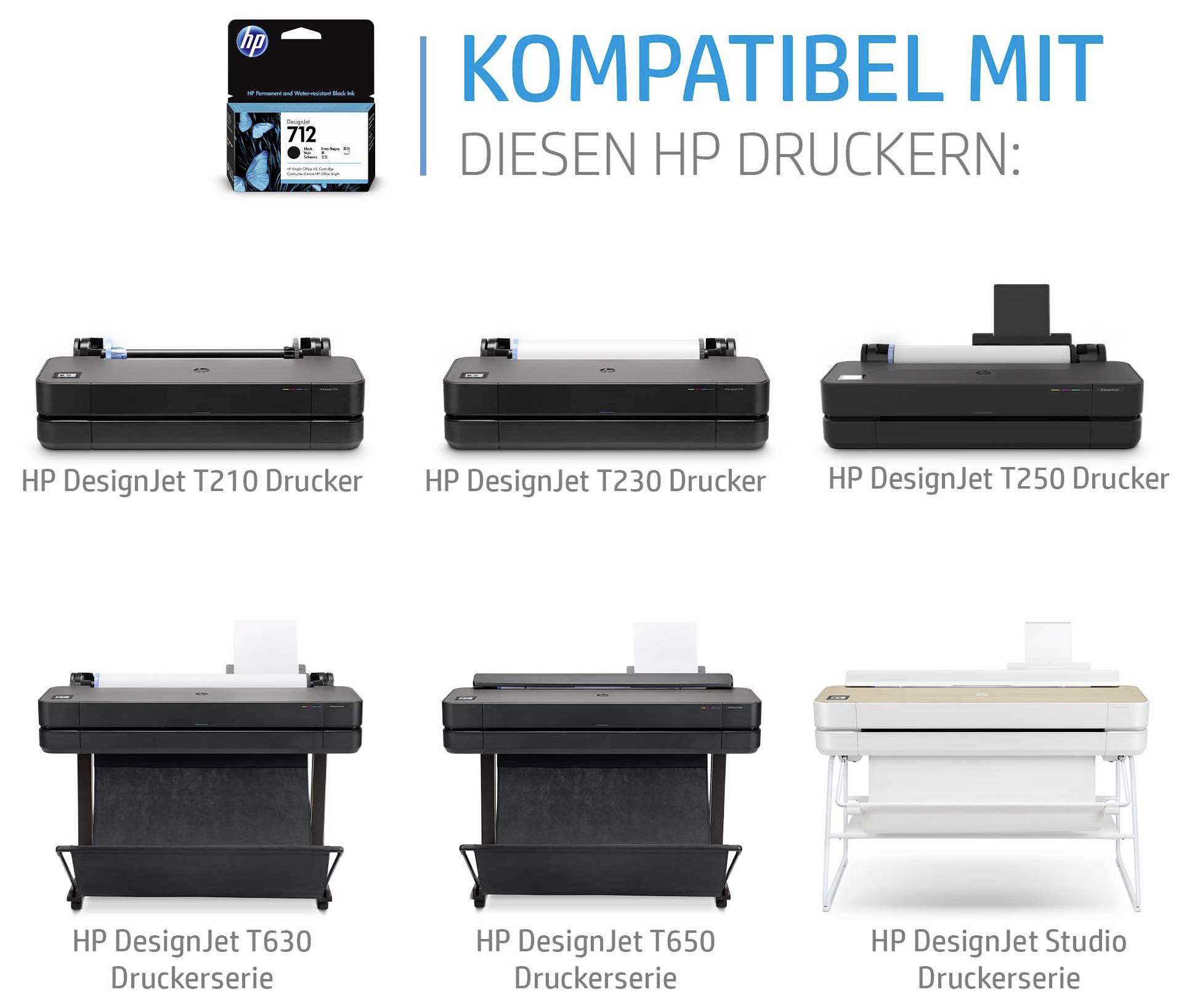 HP 712 Tintenpatrone kompatibel mit HP DesignJet T210, T230, T250, T630, T650 und Studio Druckern.
