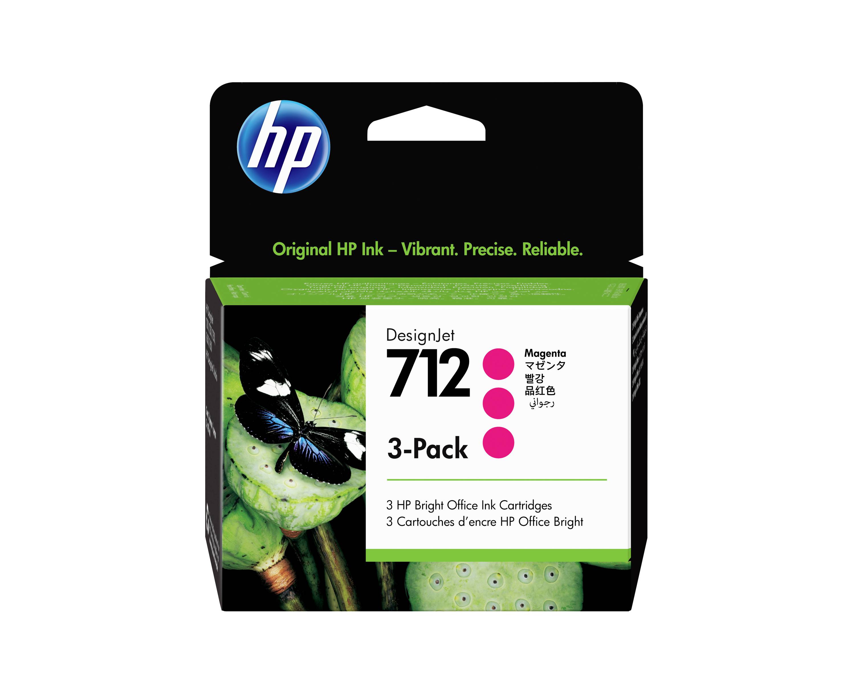 HP DesignJet 712 3er-Pack Magenta-Tintenpatronenschachtel mit Schmetterlingskunstwerk und HP-Logo.