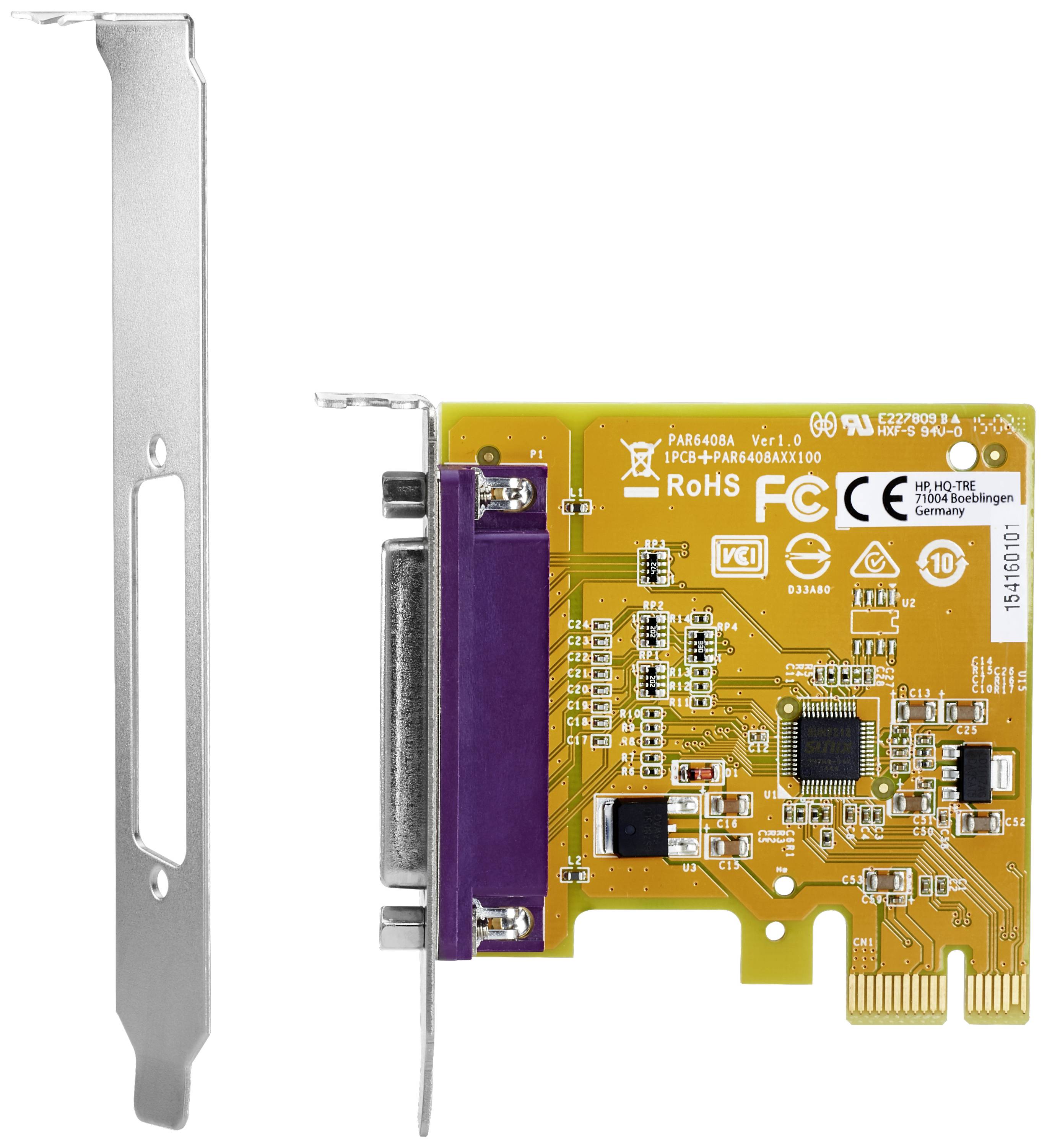 PCI-E Parallelport-Karte mit gelber Leiterplatte und verschiedenen Anschlüssen für den PC, inklusive passender Slotblende.