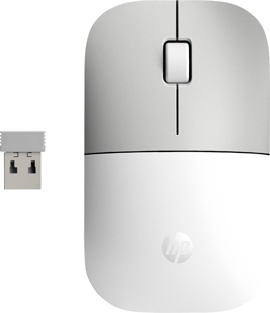 Kabellose, silber-weiße Computermaus mit USB-Dongle auf weißem Hintergrund.