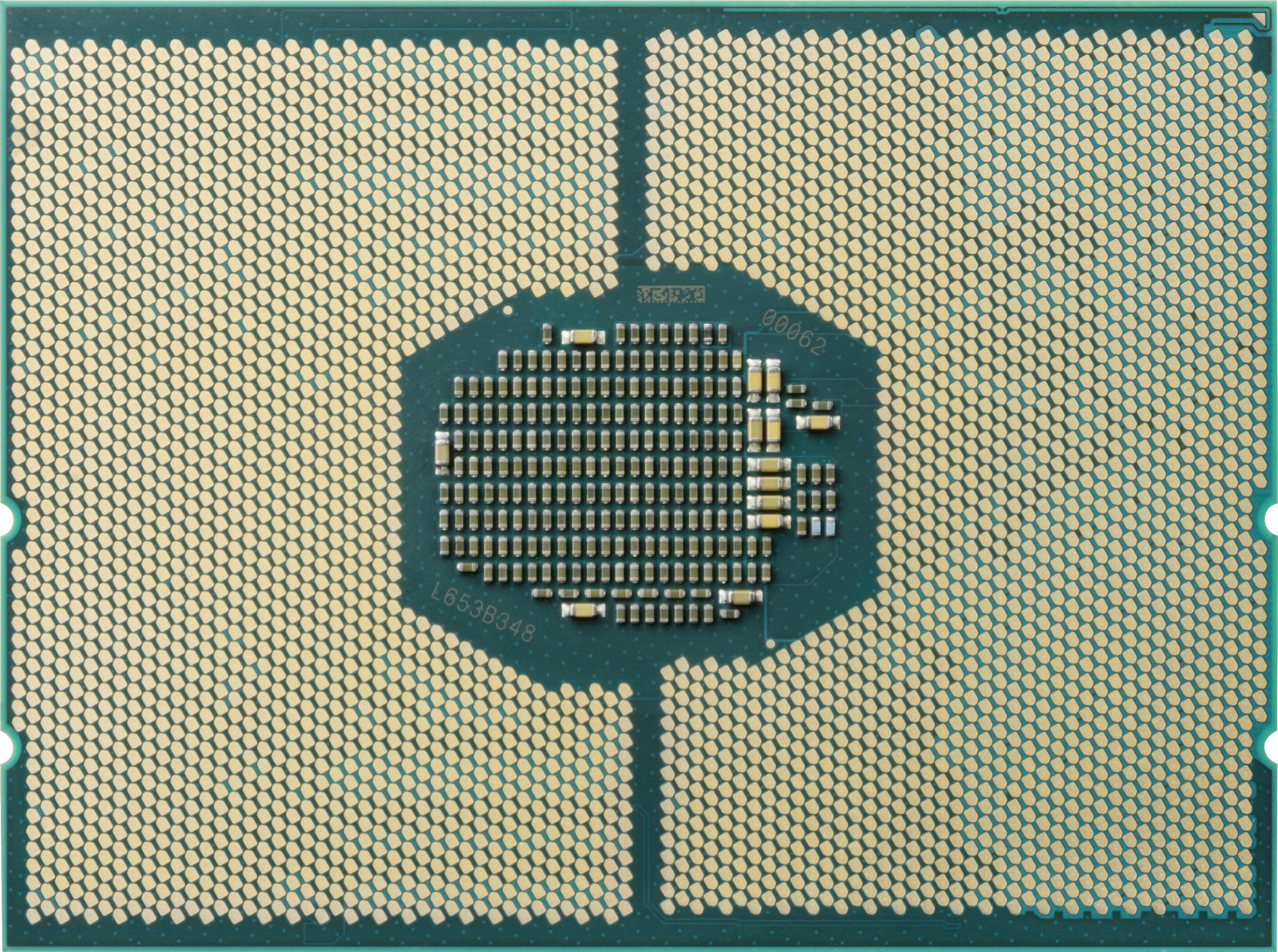 Ein Computerprozessor mit unzähligen goldfarbenen Kontakten auf seiner Rückseite, typisch für die Verbindung mit einem Mainboard.