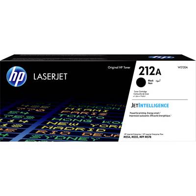 HP LaserJet Toner 212A Verpackung mit schwarzem Text 'JetIntelligence' und einer Liste von Städten im Hintergrund.