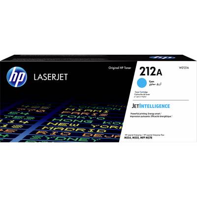 HP LaserJet Tonerkartusche 212A in Cyan für MS554, M555, MFP M578. Text über JetIntelligence für energieeffizientes Drucken.