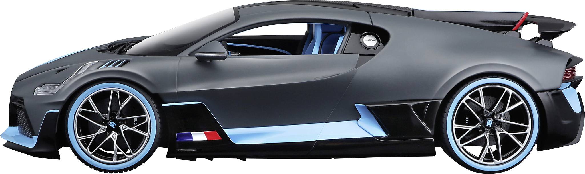 Sportwagen mit aerodynamischem Design in Schwarz und Blau, markante Felgen, blauer Streifen und französische Flagge auf der Seite.