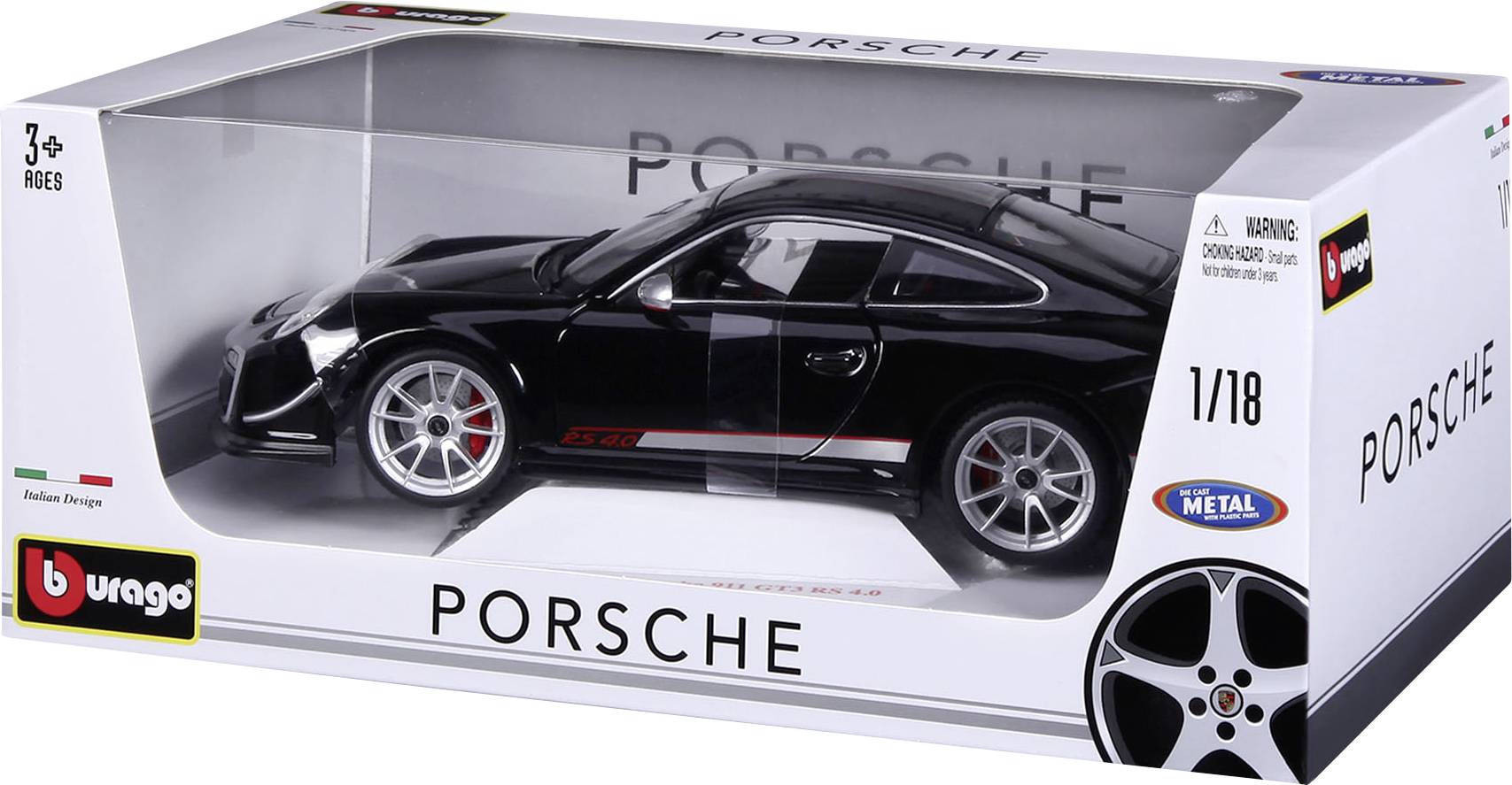 Schwarzes Modellauto eines Porsche in einer Verpackung mit der Aufschrift „Porsche“; geeignet für Kinder ab 3 Jahren.