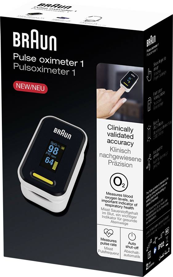 'Braun Pulse-Oximeter 1' Verpackung zeigt das Gerät, das den Blutsauerstoffgehalt misst. Enthält Texte zur genauen, klinischen Präzision.