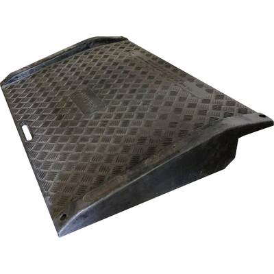 Schwarze, geriffelte Metallrampe in schräger Ansicht, mit abgerundeten Kanten und Tragegriff, geeignet für Transport- oder Lagerzwecke.