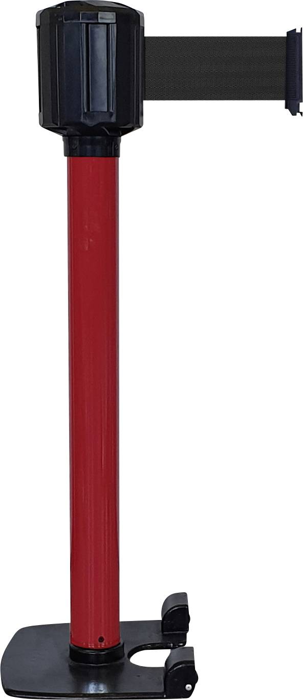 'Rote Absperrpfosten mit schwarzem Band für Bereichstrennung im Innen- und Außenbereich.'