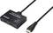 Ein HDMI-Splitter mit zwei Ausgängen und einem Eingangskabel, geeignet für 4K60Hz und HDCP 2.2, liegt auf einem weißen Hintergrund.