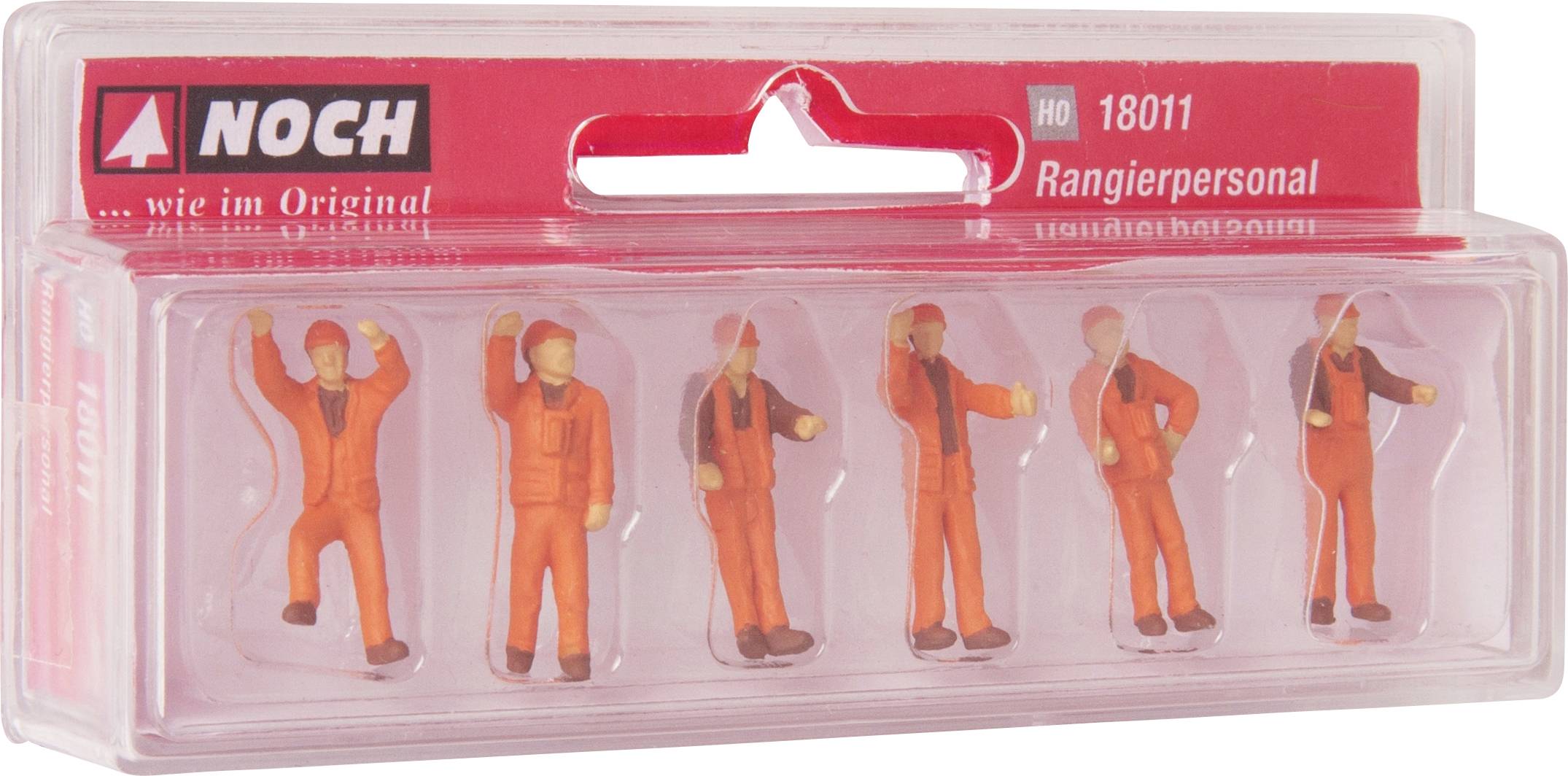 Verpackung mit sechs Miniaturfiguren in orangener Arbeitskleidung, gekennzeichnet als 'Rangierpersonal', in rotem Kunststoffkarton.