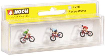Drei Miniatur-Rennradfahrer in einem transparenten Kunststoffbehälter von der Marke Noch, Artikelnummer 45897.