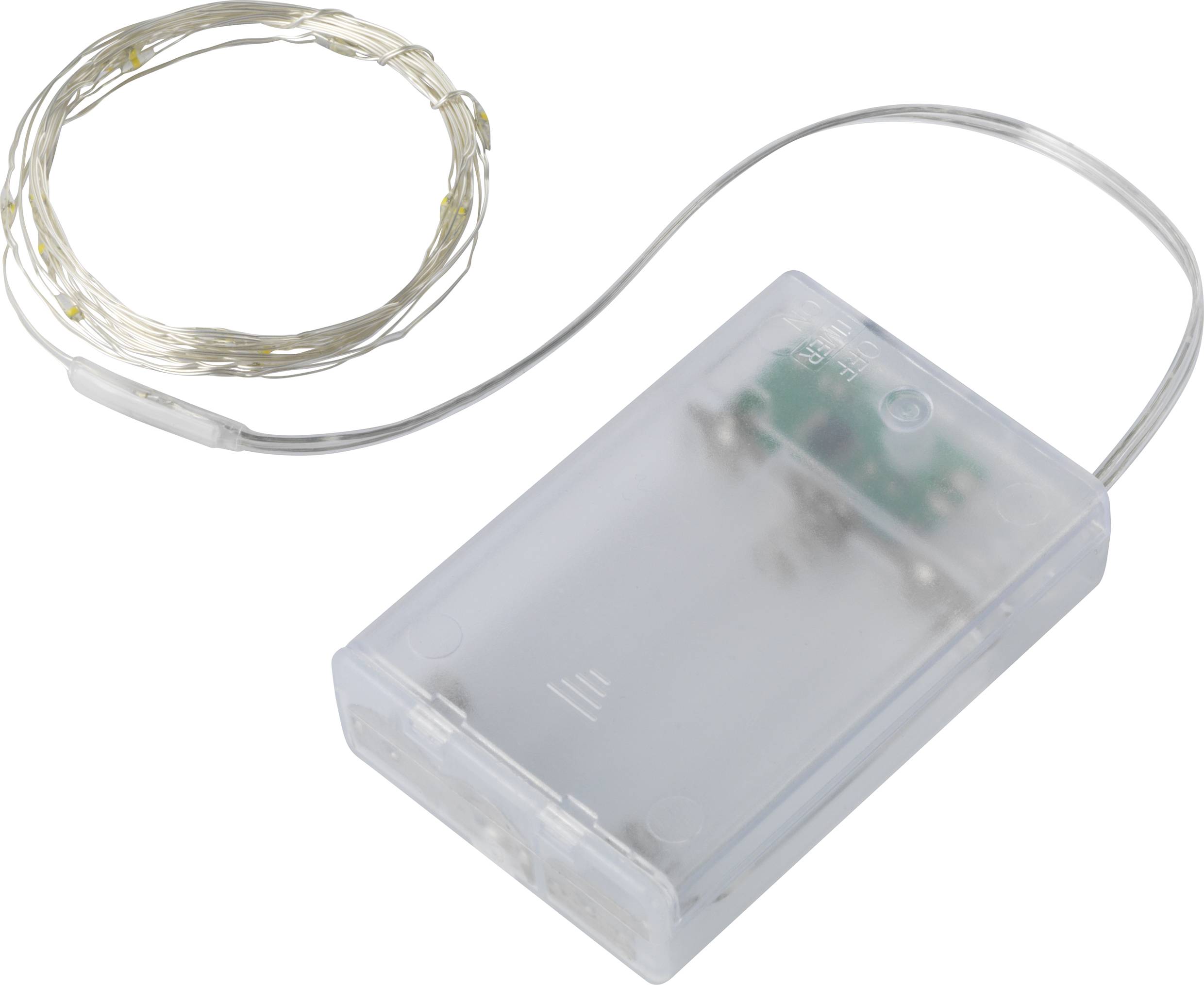 Ein transparentes Batteriefach mit einem angeschlossenen LED-Draht, der in einer kreisförmigen Schlaufe angeordnet ist.