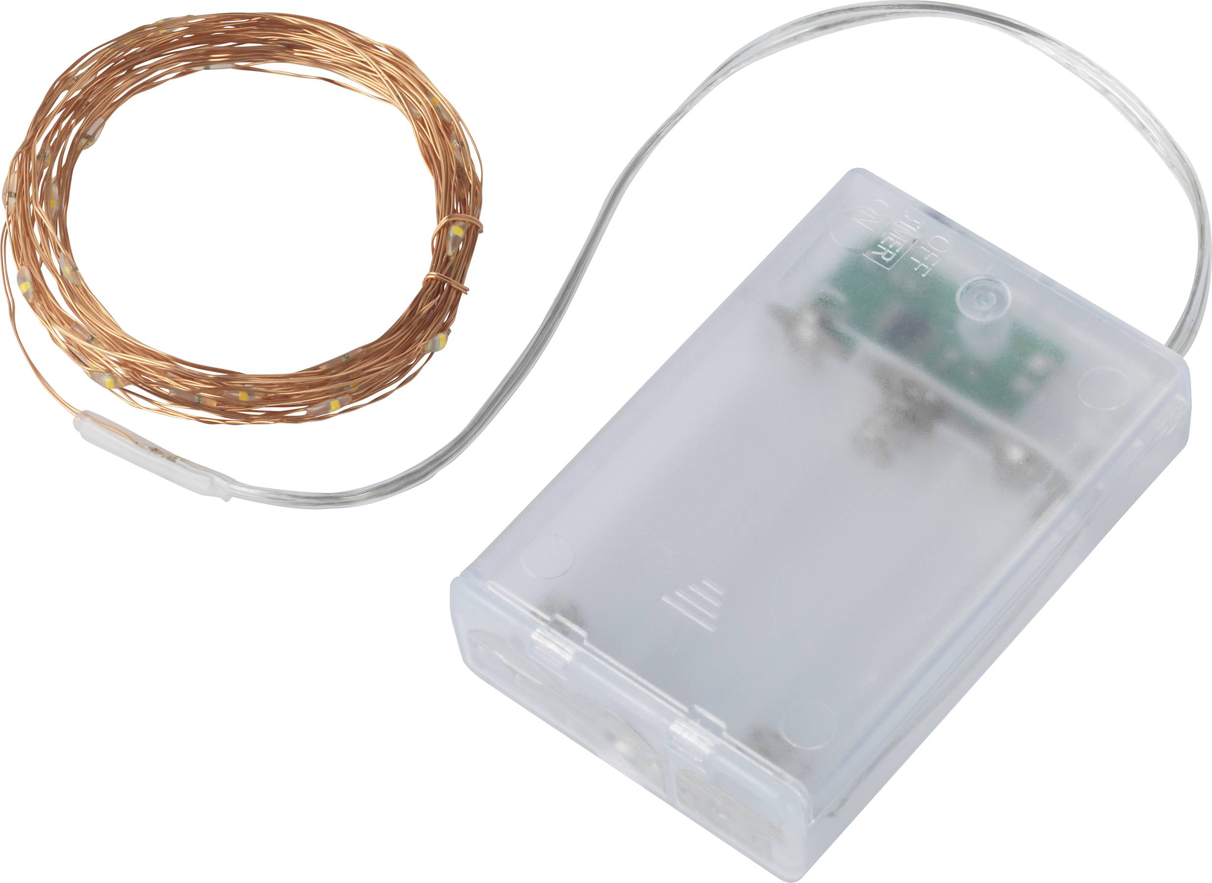 Eine Batteriekasten mit angeschlossenem Kupferdraht, möglicherweise Teil einer Lichterkette.