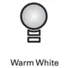 Glühbirnen-Symbol mit Text 'Warm White' darunter auf schwarzem Hintergrund, symbolisiert warmweißes Licht.