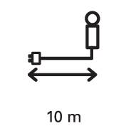 Eine Grafik zeigt ein Symbol für eine Ladestation mit einem Stecker, verbunden durch ein Kabel. Darunter steht '10 m'.