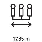 Drei stilisierte Figuren sind durch eine Linie verbunden. Darunter ist eine Doppelpfeil-Linie mit der Beschriftung '17,85 m'.