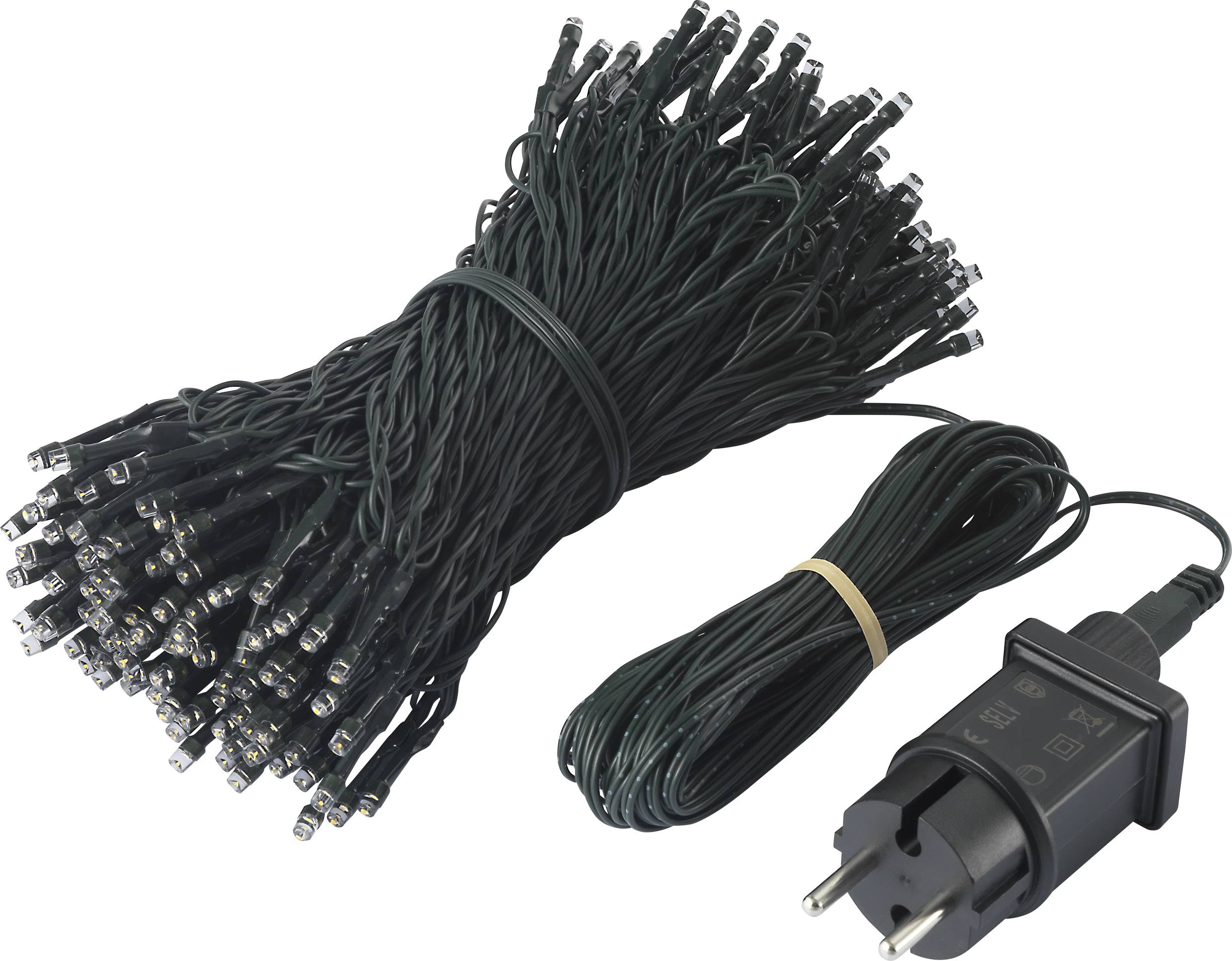 Ein Bündel dunkelgrüner Kabel mit vielen kleinen LED-Lichtern, verbunden mit einem Netzstecker. Geeignet für Dekorationszwecke.
