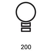 Eine stilisierte Glühbirne mit zwei parallelen Linien darunter und der Zahl '200' darunter auf schwarzem Hintergrund.