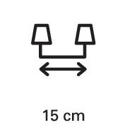 '15 cm Abstand' zeigt zwei verbundene Lampensymbole mit einem Pfeil zwischen sich auf einem schwarzen Hintergrund.