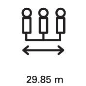 'Drei verbundene abstrakte Figuren' mit einem Doppelpfeil darunter. Text: '29,85 m'. Symbol zeigt Abstand oder Verbindung.