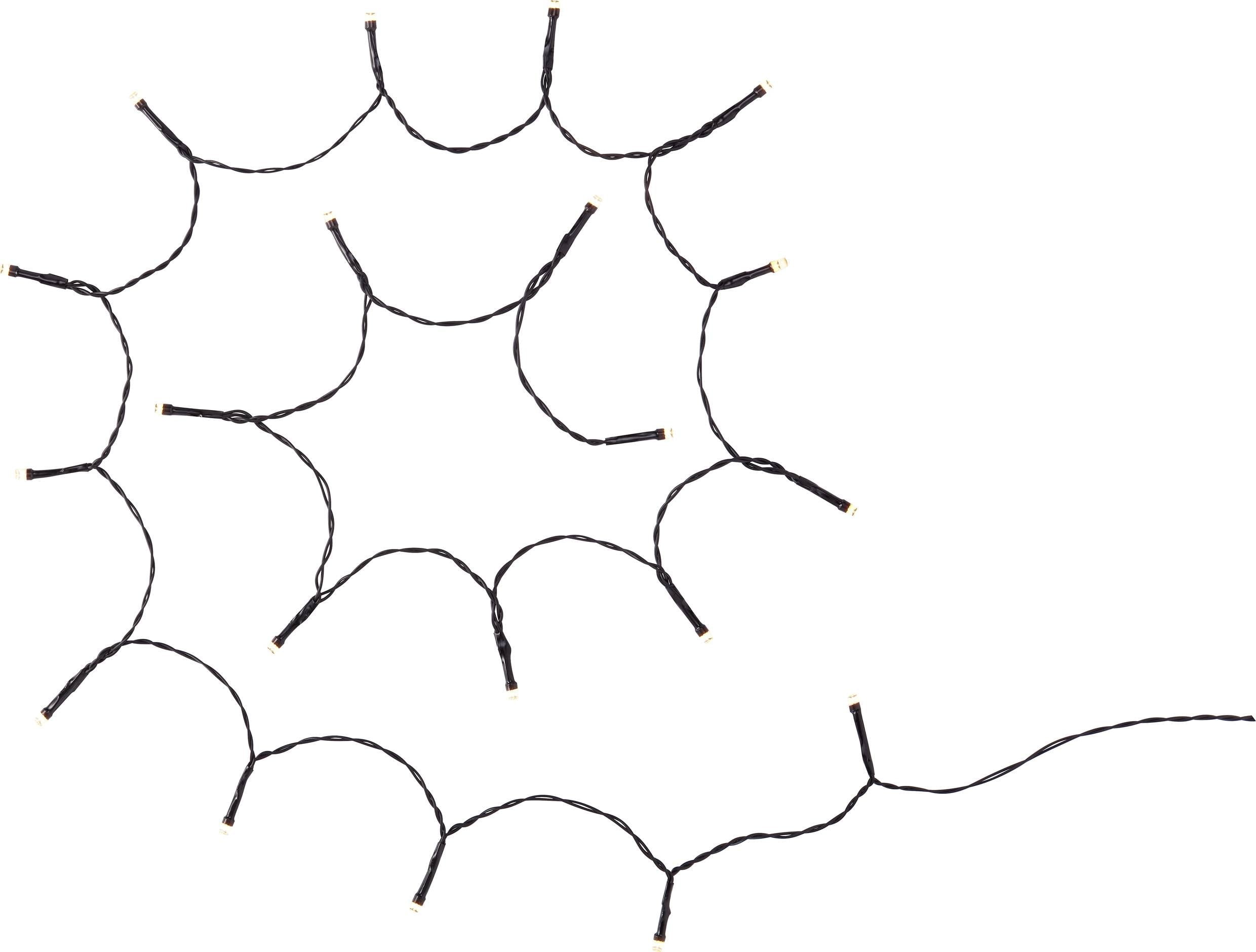 Lichterkette in Form eines Spinnennetzes, mit einzelnen Glühbirnen, auf hellem Hintergrund. Ideal für Halloween-Dekorationen.