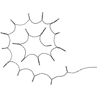 Lichterkette in Form eines Spinnennetzes, mit einzelnen Glühbirnen, auf hellem Hintergrund. Ideal für Halloween-Dekorationen.