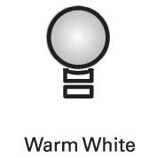 Eine Grafik eines stilisierten Leuchtmittels mit der Aufschrift 'Warm White' darunter vor schwarzem Hintergrund.
