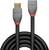 Ein schwarzes HDMI-Kabel mit grauen Steckern und rotem Akzent. Auf den Steckern steht 'Lindy' und 'HDMI'.