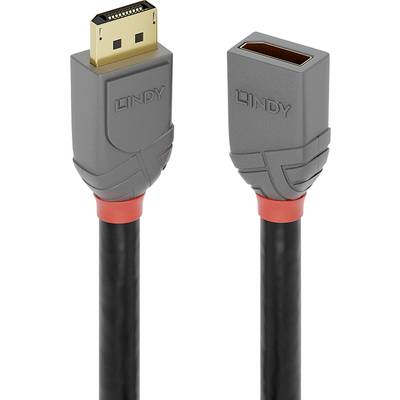 Ein graues DisplayPort-Kabel mit rotem Akzent, männlicher und weiblicher Stecker. Markierung 'Lindy' auf den Steckern.