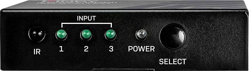 'Ein schwarzes elektronisches Gerät mit drei Eingangs-LEDs, beschriftet mit 1, 2, 3, einer Power-LED und einem Drehknopf mit der Aufschrift SELECT.'