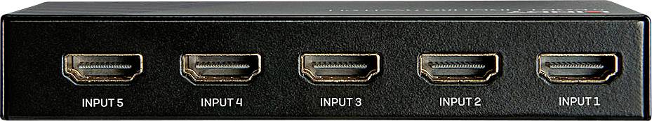 Ein schwarzer HDMI-Switch mit fünf HDMI-Anschlüssen, beschriftet mit 'Input 1' bis 'Input 5', zur Umschaltung zwischen Geräten.